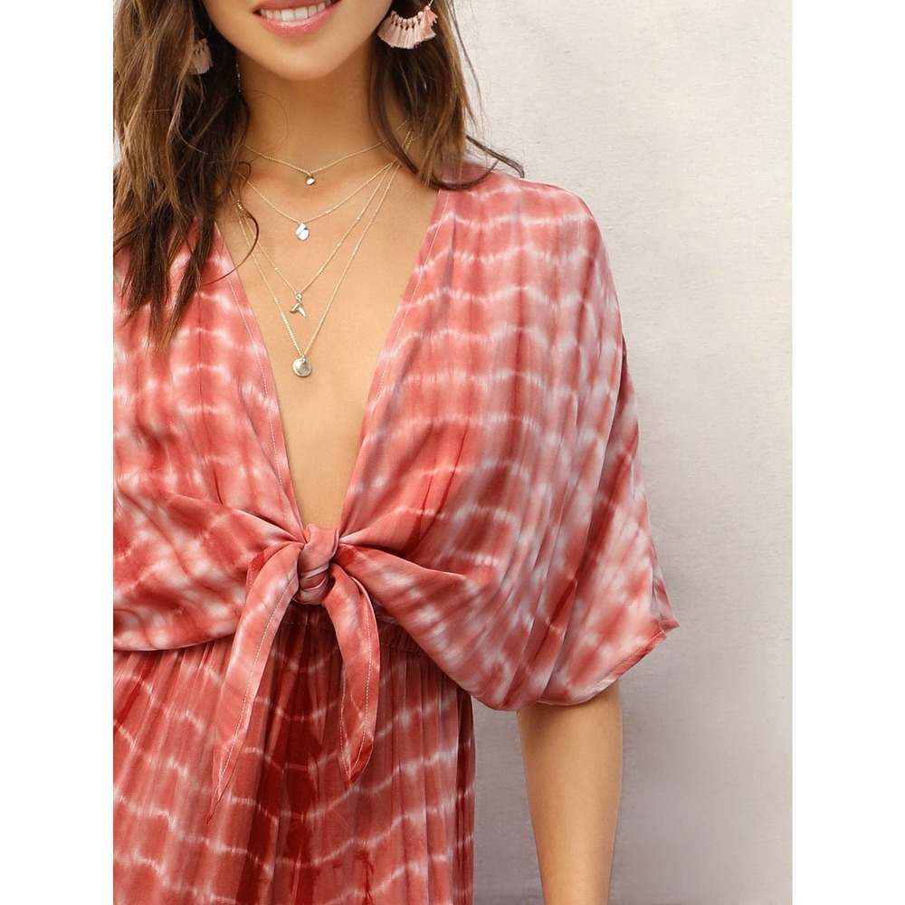 70s style Plunging Neck Knot Front Tie Dye Palazzo Jumpsuit orange - Picture 4 of 5